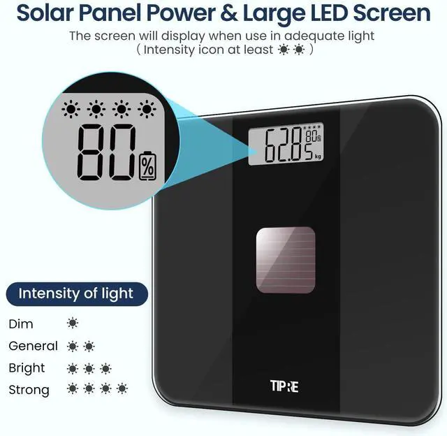 Alt view image 4 of 7 - TIPRE Solar Powered Weight Scale with Endless Power, Scale for Body Weight, Electronic Bathroom Scale for Weight Loss, Digital Weighing Scale with 0.1lb Accuracy No Battery Required, 400lb/180kg
