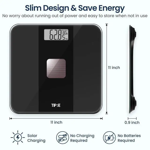 Alt view image 5 of 7 - TIPRE Solar Powered Weight Scale with Endless Power, Scale for Body Weight, Electronic Bathroom Scale for Weight Loss, Digital Weighing Scale with 0.1lb Accuracy No Battery Required, 400lb/180kg