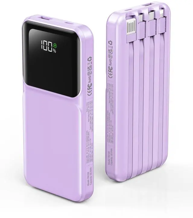 Main image of RONEGN Portable Charger with Built in Cable - Power Bank Fast Charging USB C LED Display 10000mah Battery Pack 5 Outputs & 3 Inputs for Travel Essentials iPhone Samsung Android Phones Tablets Purple
