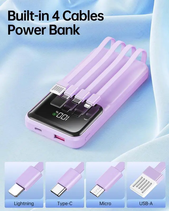 Alt view image 2 of 6 - RONEGN Portable Charger with Built in Cable - Power Bank Fast Charging USB C LED Display 10000mah Battery Pack 5 Outputs & 3 Inputs for Travel Essentials iPhone Samsung Android Phones Tablets Purple