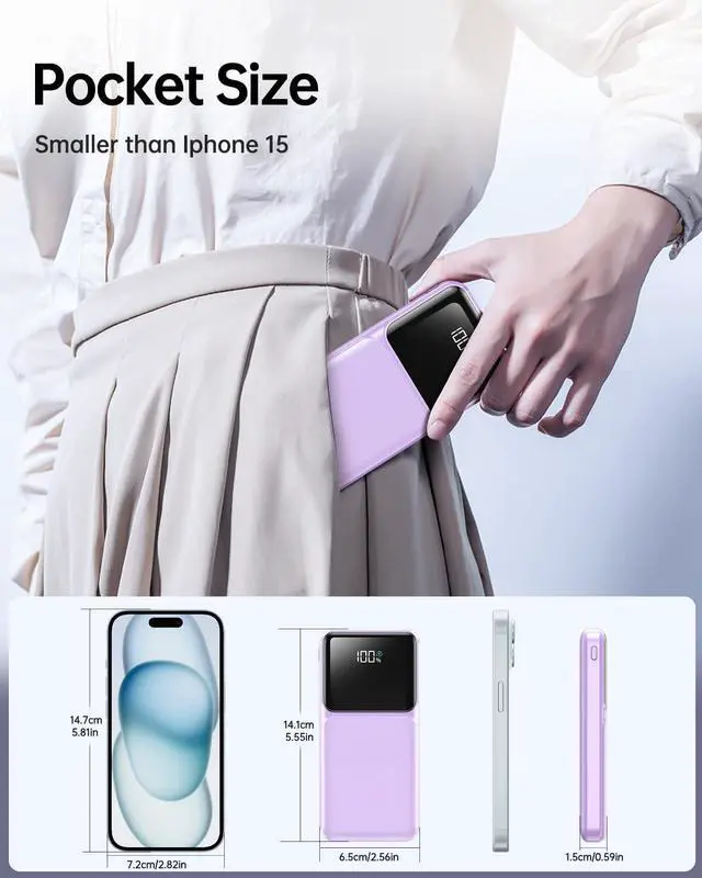 Alt view image 4 of 6 - RONEGN Portable Charger with Built in Cable - Power Bank Fast Charging USB C LED Display 10000mah Battery Pack 5 Outputs & 3 Inputs for Travel Essentials iPhone Samsung Android Phones Tablets Purple