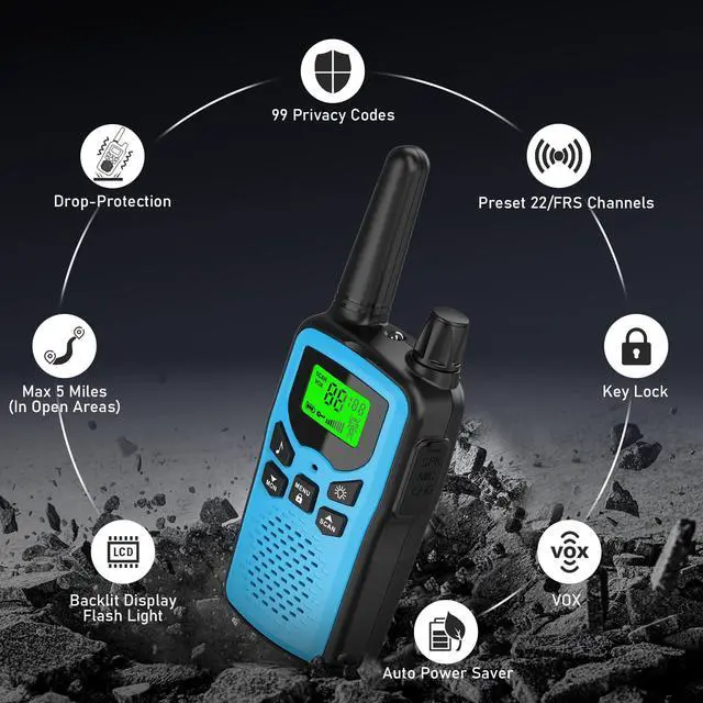Alt view image 3 of 7 - Erelis Long Rang Walkie Talkies with 22 FRS Channels,Walkie Talkie for Adults with Lamp,VOX,LCD Display for Outdoor Activities(Blue)