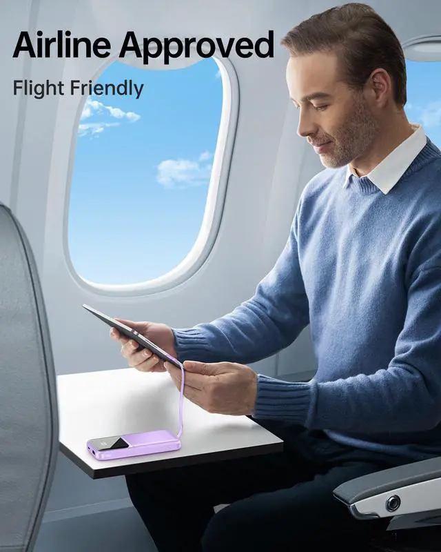 Alt view image 6 of 6 - RONEGN Portable Charger with Built in Cable - Power Bank Fast Charging USB C LED Display 10000mah Battery Pack 5 Outputs & 3 Inputs for Travel Essentials iPhone Samsung Android Phones Tablets Purple