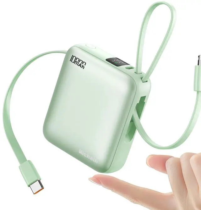 Main image of Hichain Portable Charger with Dual Built-in Cables 10000mAh Small Power Bank 22.5W Fast Charging Mini Powerbank LED Display Travel Essential Battery Pack for iPhone 17 16 15 14 13 All Series Green