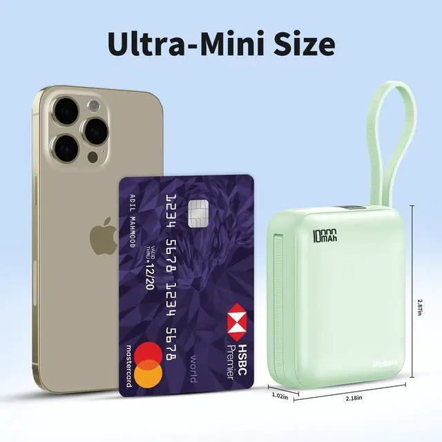 Alt view image 3 of 7 - Hichain Portable Charger with Dual Built-in Cables 10000mAh Small Power Bank 22.5W Fast Charging Mini Powerbank LED Display Travel Essential Battery Pack for iPhone 17 16 15 14 13 All Series Green