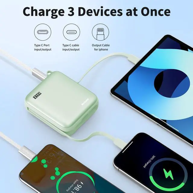 Alt view image 4 of 7 - Hichain Portable Charger with Dual Built-in Cables 10000mAh Small Power Bank 22.5W Fast Charging Mini Powerbank LED Display Travel Essential Battery Pack for iPhone 17 16 15 14 13 All Series Green