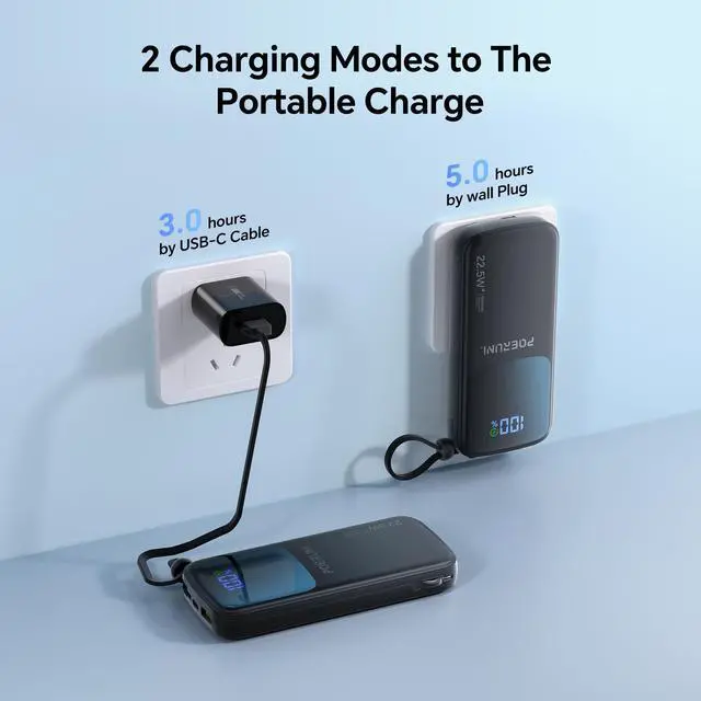 Alt view image 4 of 7 - POERUNI. 10000mAh Power Bank with a Built-in AC Wall Plug Led Display and Two Built-in Cables.USB-C Fast Charging Compatible with iPhone,Samsung,and Android Smartphones, Portable Charger with Travel.