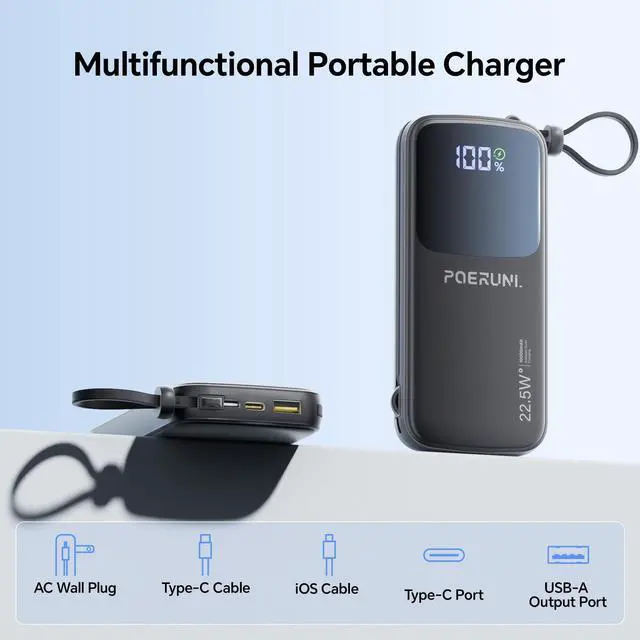 Alt view image 2 of 7 - POERUNI. 10000mAh Power Bank with a Built-in AC Wall Plug Led Display and Two Built-in Cables.USB-C Fast Charging Compatible with iPhone,Samsung,and Android Smartphones, Portable Charger with Travel.