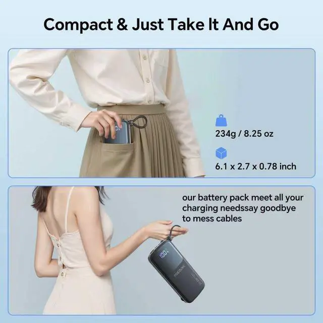 Alt view image 6 of 7 - POERUNI. 10000mAh Power Bank with a Built-in AC Wall Plug Led Display and Two Built-in Cables.USB-C Fast Charging Compatible with iPhone,Samsung,and Android Smartphones, Portable Charger with Travel.