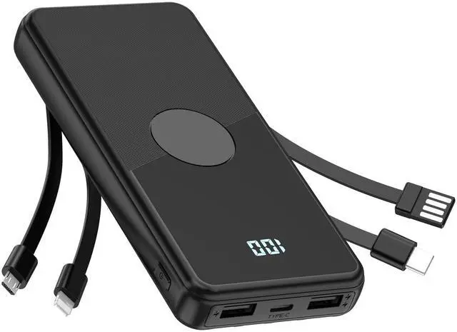 Main image of TXQX Portable Charger with Built in Cables,High Speed Power Bank 10000mAh Travel Battery Pack 5 Outputs 3 Inputs Portable Phone Charger Backup Battery for iPhone, Samsung, iPad,Tablets (Black)