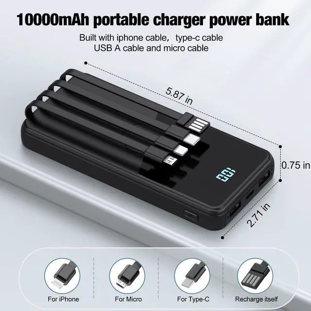 Alt view image 2 of 7 - TXQX Portable Charger with Built in Cables,High Speed Power Bank 10000mAh Travel Battery Pack 5 Outputs 3 Inputs Portable Phone Charger Backup Battery for iPhone, Samsung, iPad,Tablets (Black)