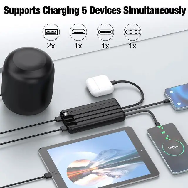Alt view image 3 of 7 - TXQX Portable Charger with Built in Cables,High Speed Power Bank 10000mAh Travel Battery Pack 5 Outputs 3 Inputs Portable Phone Charger Backup Battery for iPhone, Samsung, iPad,Tablets (Black)