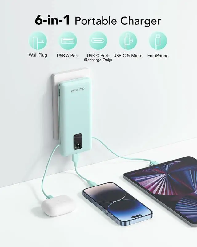 Alt view image 2 of 7 - charmast Portable Charger with Built-in Cables and Plug, 10000mAh USB C Power Bank Fast Charging, External Battery Pack Slim, Travel Essentials Compatible with iPhones, Samsung Galaxy, iPad