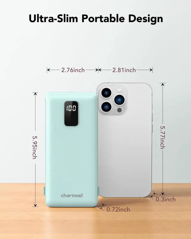 Alt view image 3 of 7 - charmast Portable Charger with Built-in Cables and Plug, 10000mAh USB C Power Bank Fast Charging, External Battery Pack Slim, Travel Essentials Compatible with iPhones, Samsung Galaxy, iPad