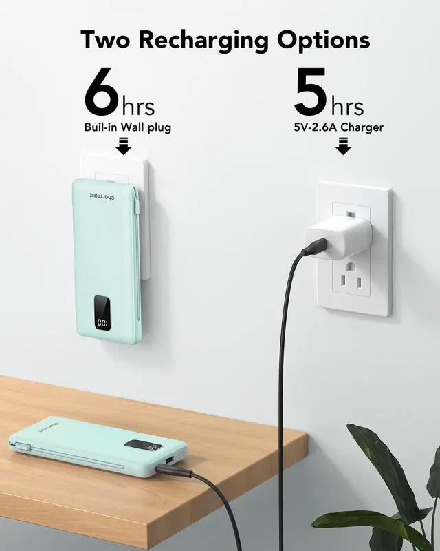 Alt view image 4 of 7 - charmast Portable Charger with Built-in Cables and Plug, 10000mAh USB C Power Bank Fast Charging, External Battery Pack Slim, Travel Essentials Compatible with iPhones, Samsung Galaxy, iPad