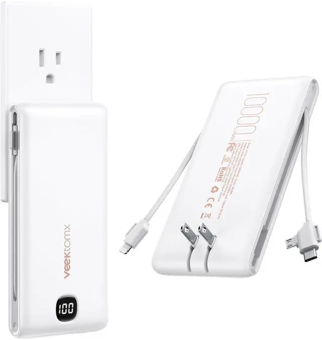 Main image of VEEKTOMX Portable Charger with Built in Cables 10000mAh, Power Bank for iPhone with AC Wall Plug, Fast Charging USB C Slim Battery Pack with LED Display Compatible with iPhone 17/16/15/14, Samsung