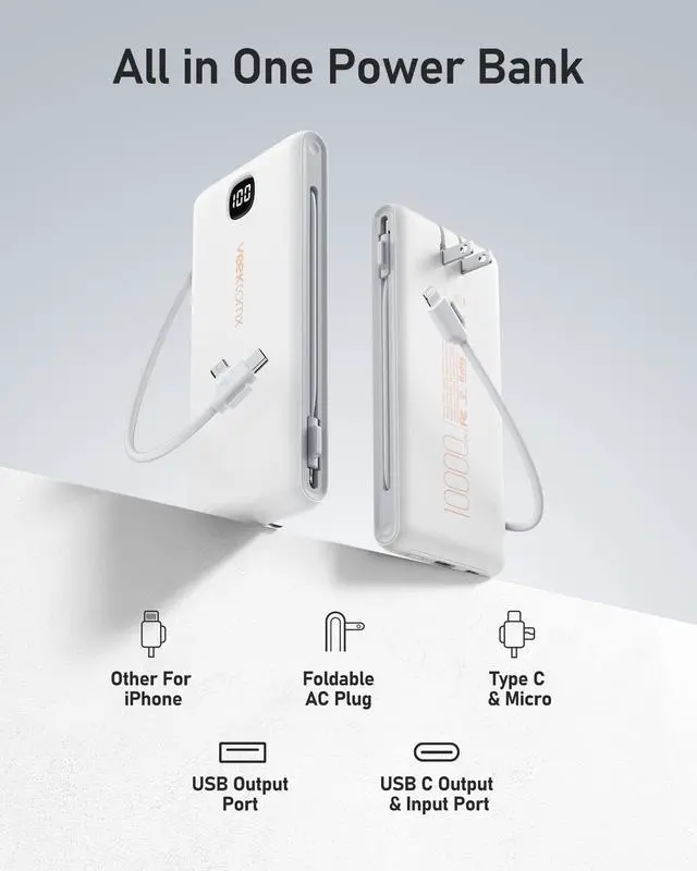 Alt view image 2 of 7 - VEEKTOMX Portable Charger with Built in Cables 10000mAh, Power Bank for iPhone with AC Wall Plug, Fast Charging USB C Slim Battery Pack with LED Display Compatible with iPhone 17/16/15/14, Samsung
