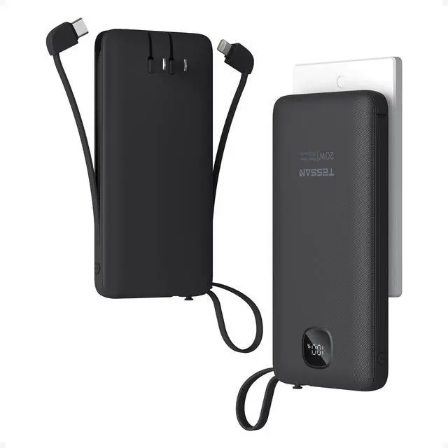 Main image of TESSAN Portable Charger with Built in Cables, 10000mAh Power Bank Fast Charging with Foldable AC Plug, PD20W Compact Battery Pack Travel Essentials for iPhone 17/16/15 Series, Samsung, Tablets, Black