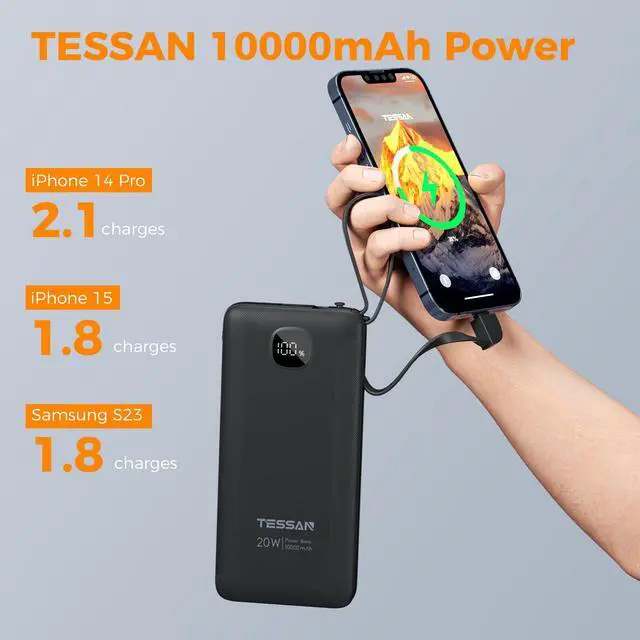 Alt view image 4 of 7 - TESSAN Portable Charger with Built in Cables, 10000mAh Power Bank Fast Charging with Foldable AC Plug, PD20W Compact Battery Pack Travel Essentials for iPhone 17/16/15 Series, Samsung, Tablets, Black