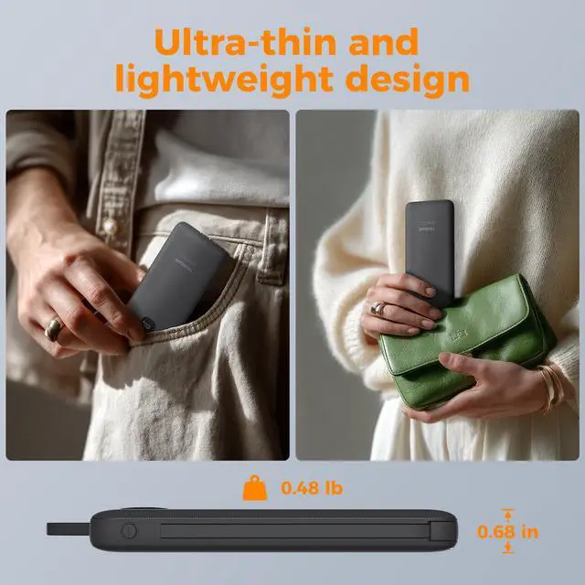 Alt view image 5 of 7 - TESSAN Portable Charger with Built in Cables, 10000mAh Power Bank Fast Charging with Foldable AC Plug, PD20W Compact Battery Pack Travel Essentials for iPhone 17/16/15 Series, Samsung, Tablets, Black