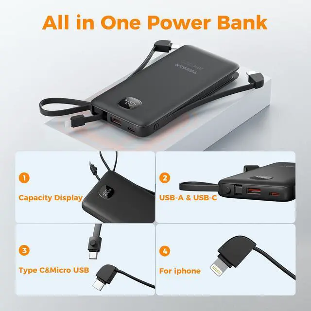 Alt view image 6 of 7 - TESSAN Portable Charger with Built in Cables, 10000mAh Power Bank Fast Charging with Foldable AC Plug, PD20W Compact Battery Pack Travel Essentials for iPhone 17/16/15 Series, Samsung, Tablets, Black