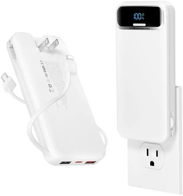 Main image of Portable Charger 12000mAh with Built-in Cables&AC Wall Plug, White