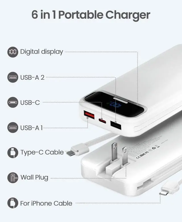 Alt view image 2 of 7 - Portable Charger 12000mAh with Built-in Cables&AC Wall Plug, White