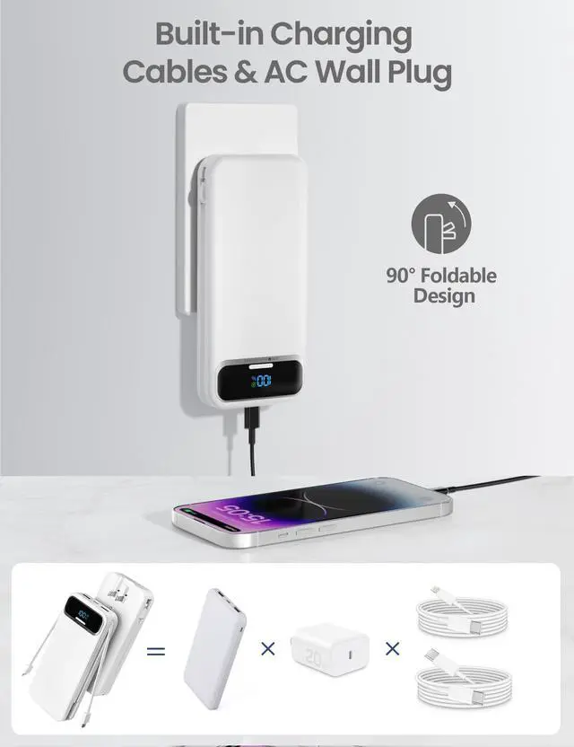 Alt view image 4 of 7 - Portable Charger 12000mAh with Built-in Cables&AC Wall Plug, White