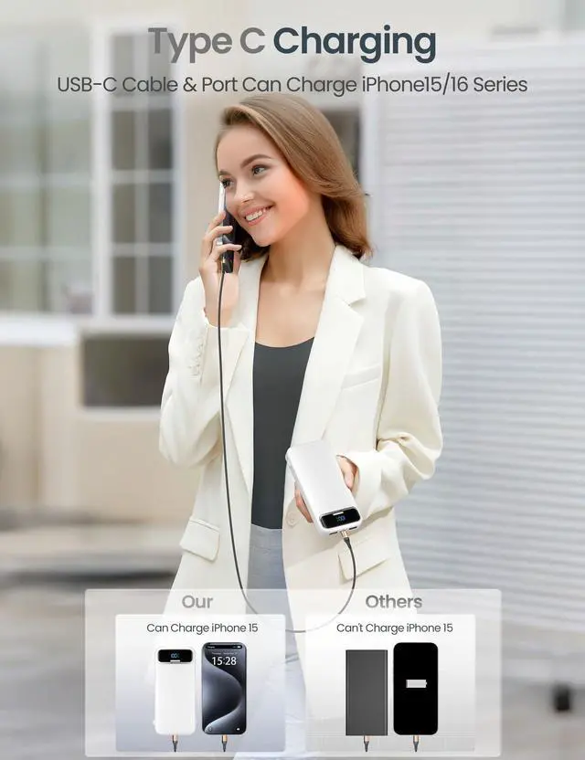 Alt view image 5 of 7 - Portable Charger 12000mAh with Built-in Cables&AC Wall Plug, White