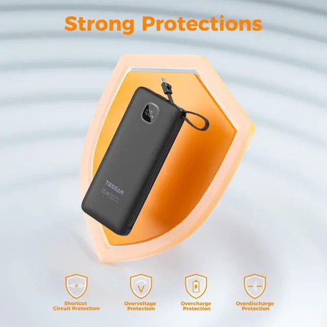 Alt view image 7 of 7 - TESSAN Portable Charger with Built in Cables, 10000mAh Power Bank Fast Charging with Foldable AC Plug, PD20W Compact Battery Pack Travel Essentials for iPhone 17/16/15 Series, Samsung, Tablets, Black