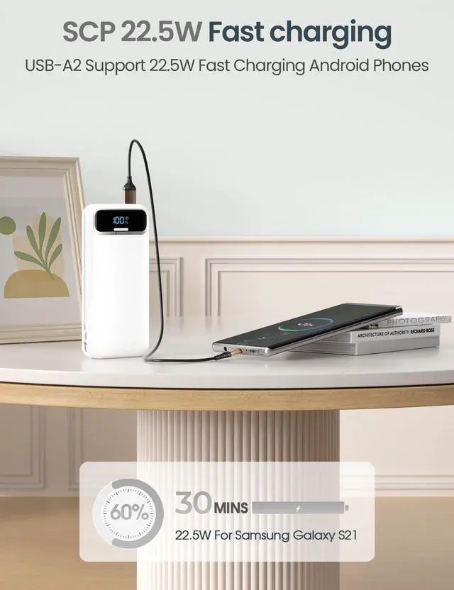 Alt view image 6 of 7 - Portable Charger 12000mAh with Built-in Cables&AC Wall Plug, White