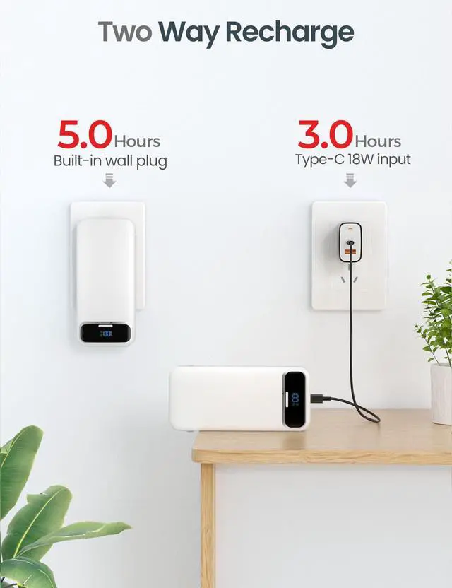 Alt view image 7 of 7 - Portable Charger 12000mAh with Built-in Cables&AC Wall Plug, White