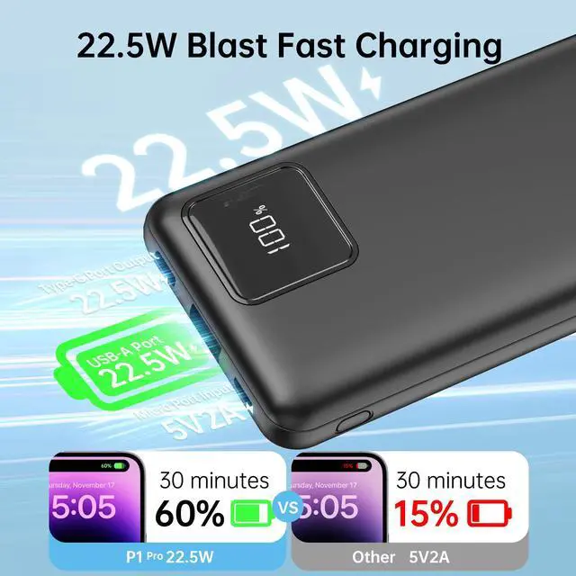 Alt view image 4 of 7 - Power Bank with Cords Wires 10000mAh, Type C Fast charging Portable Charger power bank,Slim Travel Battery Pack 4 Outputs 2 Inputs,3A Fast Charging phone charger compatible with IPhone Samsung Android