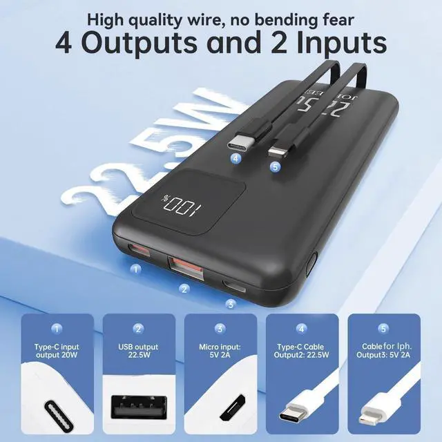 Alt view image 3 of 7 - Power Bank with Cords Wires 10000mAh, Type C Fast charging Portable Charger power bank,Slim Travel Battery Pack 4 Outputs 2 Inputs,3A Fast Charging phone charger compatible with IPhone Samsung Android