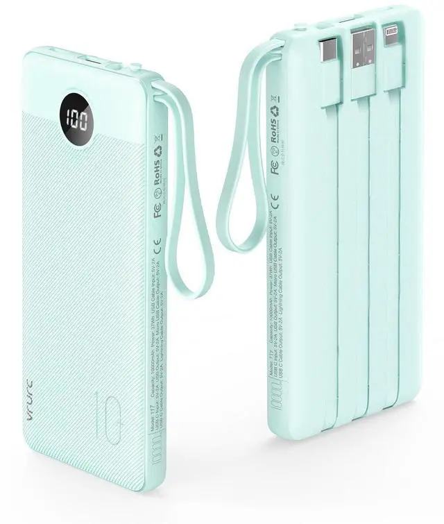 Main image of VRURC Portable Charger with Cables for iPhone, 22.5W Fast Charging USB C Power Bank 10000mAh, Compact Cell Phone Battery Pack with Cords for iPhone 17 16 15 14 13,Samsung Galaxy-Green(1 Pack)