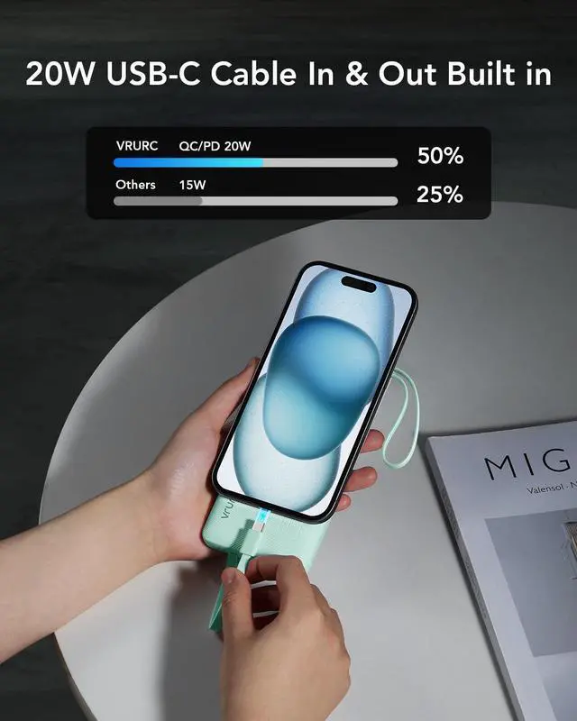Alt view image 4 of 7 - VRURC Portable Charger with Cables for iPhone, 22.5W Fast Charging USB C Power Bank 10000mAh, Compact Cell Phone Battery Pack with Cords for iPhone 17 16 15 14 13,Samsung Galaxy-Green(1 Pack)