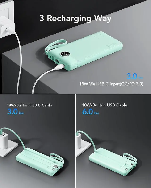 Alt view image 6 of 7 - VRURC Portable Charger with Cables for iPhone, 22.5W Fast Charging USB C Power Bank 10000mAh, Compact Cell Phone Battery Pack with Cords for iPhone 17 16 15 14 13,Samsung Galaxy-Green(1 Pack)