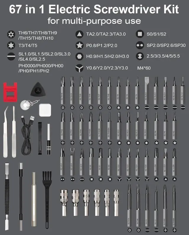 Alt view image 3 of 7 - HYCHIKA Precision Screwdriver Set, Mini Electric Screwdriver 67-in-1 with 52 Magnetic Bits, 3 Torque Settings, LED Light & Rechargeable Repair Tool Kit for Computer Phone Camera
