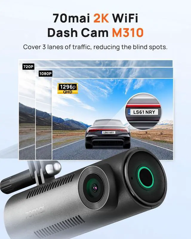 Alt view image 2 of 7 - 70mai Dash Cam M310, Dash Camera for Cars 1296P QHD, Smart Dash Cam Front Built in WiFi, 130° Wide-Angle FOV, WDR, Night Vision, iOS/Android Mobile App, Loop Recording, Parking Monitor, Time-Lapse