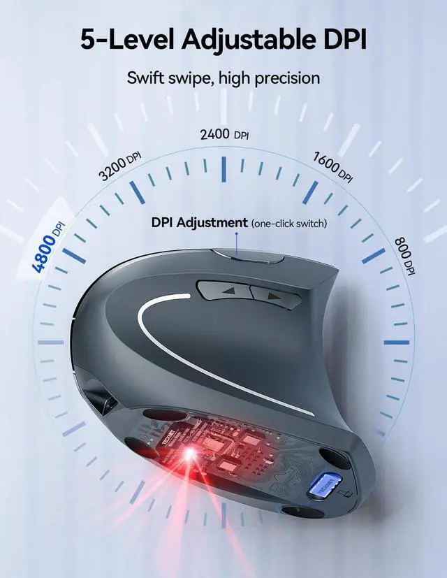 Alt view image 6 of 7 - TECKNET Ergonomic Wireless Mouse, Rechargeable Mouse Wireless Silent for Carpal Tunnel Right Hand, 2.4GHz USB Vertical Mouse Wireless for Laptop, 5 Adjustable 4800 DPI, Computer, MacBook, Desktop
