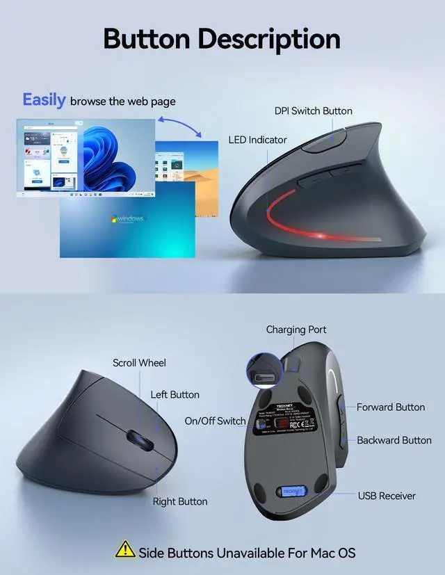 Alt view image 7 of 7 - TECKNET Ergonomic Wireless Mouse, Rechargeable Mouse Wireless Silent for Carpal Tunnel Right Hand, 2.4GHz USB Vertical Mouse Wireless for Laptop, 5 Adjustable 4800 DPI, Computer, MacBook, Desktop