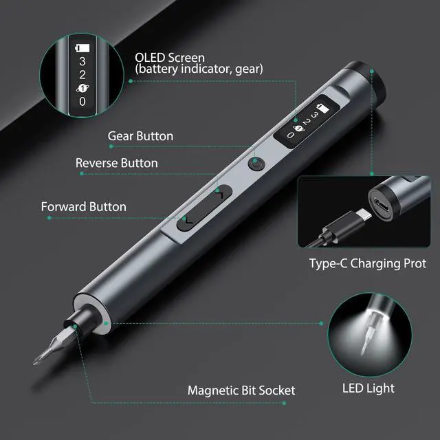 Alt view image 2 of 7 - ORIA Electric Screwdriver Set - 62 in 1 Precision Kit with 60 Bits, Rechargeable Repair Tool, 3 Torque Gears for Phone, Laptop, Watch