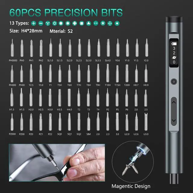 Alt view image 5 of 7 - ORIA Electric Screwdriver Set - 62 in 1 Precision Kit with 60 Bits, Rechargeable Repair Tool, 3 Torque Gears for Phone, Laptop, Watch