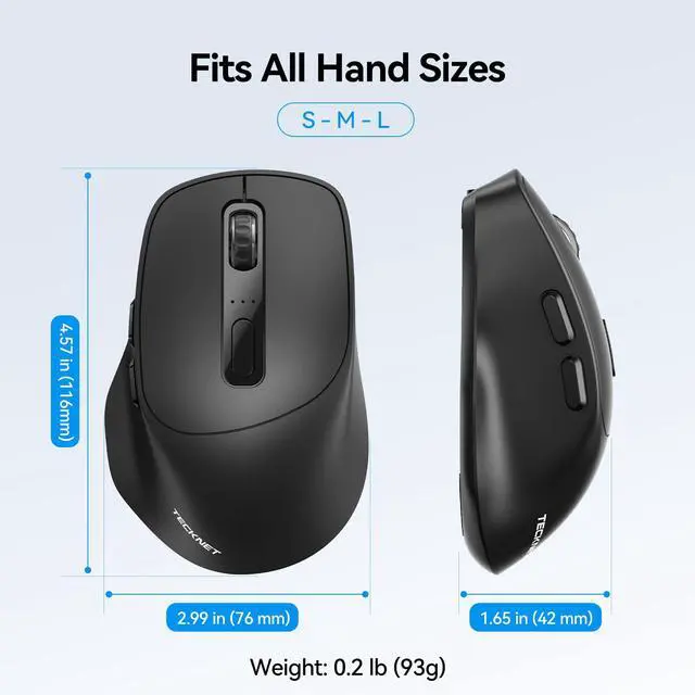 Alt view image 3 of 7 - TECKNET 3-Device Wireless Mouse, Rechargeable Dual-Mode (2.4G & BT 5.0), Silent USB-A & Bluetooth Mouse, 6-DPI up to 4800, Wide Compatibility - Black