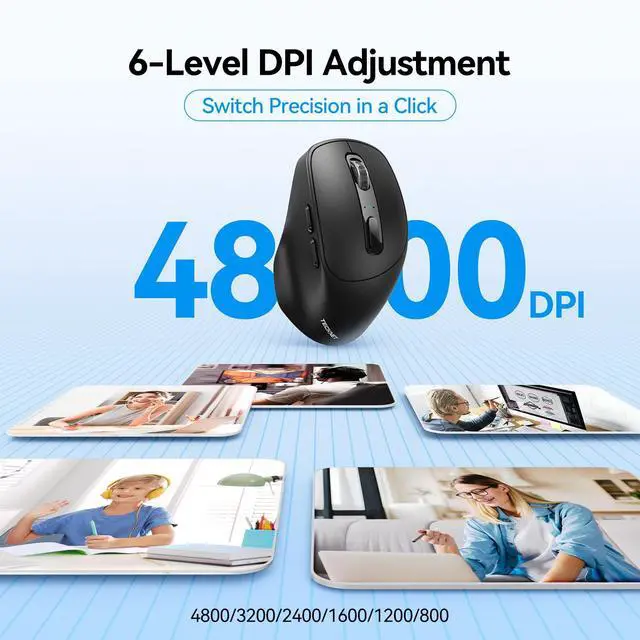 Alt view image 6 of 7 - TECKNET 3-Device Wireless Mouse, Rechargeable Dual-Mode (2.4G & BT 5.0), Silent USB-A & Bluetooth Mouse, 6-DPI up to 4800, Wide Compatibility - Black