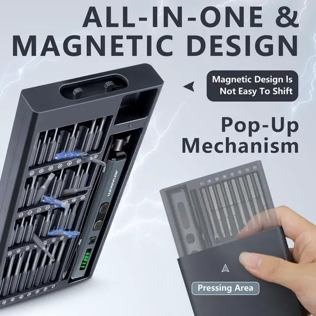 Alt view image 3 of 7 - JENABOM 3.7V Electric Screwdriver, Mini Precision Screwdriver Set, 64 Magnetic Bits, Magnetic Storage, Rechargeable,Cordless, Repair Tool Kit for Electronics Phone Camera Laptop Watch