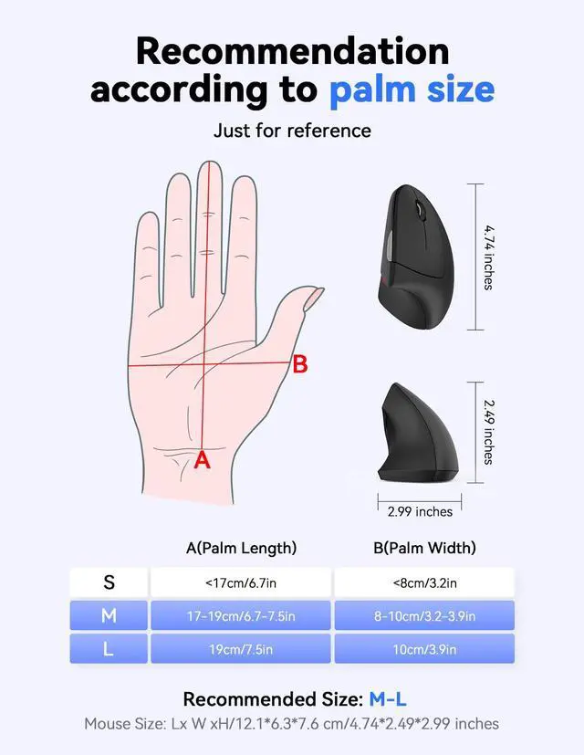 Alt view image 5 of 7 - TECKNET Ergonomic Wireless Vertical Mouse, 4800 DPI with 5 Adjustable Levels, 2.4GHz Optical, 6 Buttons for Laptop, Desktop, PC, MacBook - Black