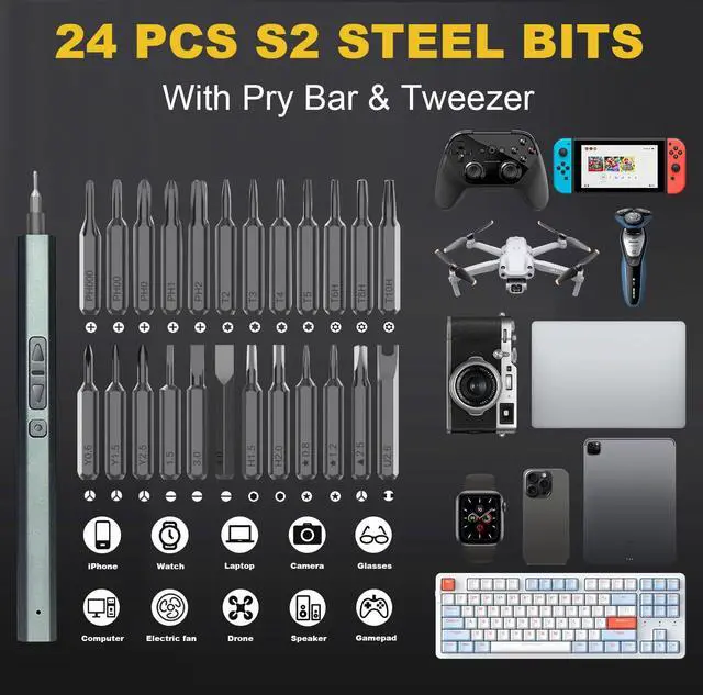 Alt view image 2 of 7 - Mini Electric Screwdriver, 30 in 1 Small Electric Screw Driver Kit with 24 Magnetic Bits,3 LED Lights Precision Cordless Repair Tool for Phone, Camera, Laptop, Watch