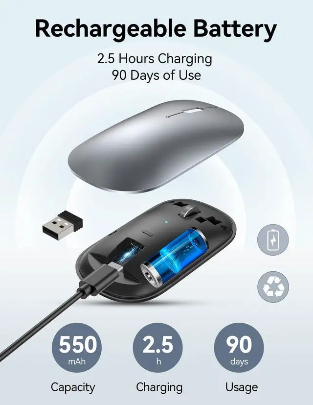 Alt view image 4 of 7 - TECKNET Bluetooth Wireless Mouse, BT5.0/3.0 & 2.4GHz Rechargeable Computer Mouse, Silent Mice,4000DPI Portable USB Mice for Laptop, MacBook Pro/Air,iPad(Silver)