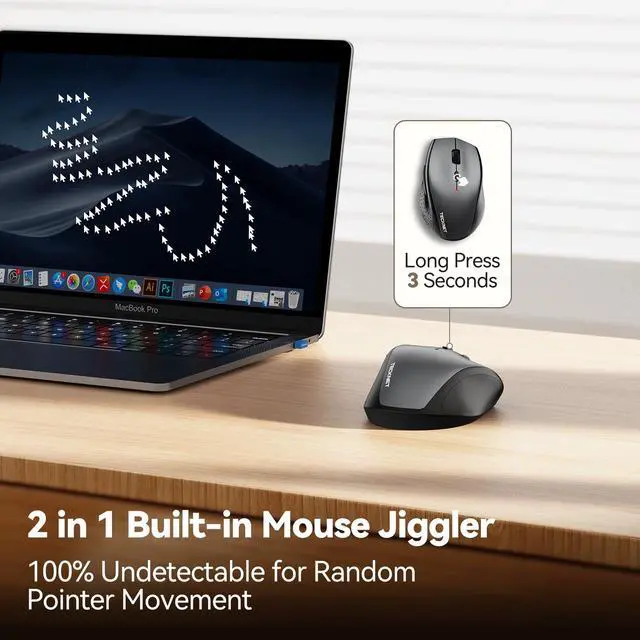 Alt view image 2 of 7 - TECKNET Wireless Mouse Jiggler, USB-C Rechargeable Mouse, Silent Mouse with USB-C Adapter, 6400 DPI Ergonomic Mouse, Build-in Mouse Mover, 2.4G Computer Mice for Mac, Laptop, Desktop, PC
